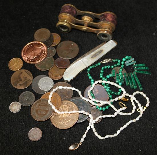 Opera glasses, coinage, etc